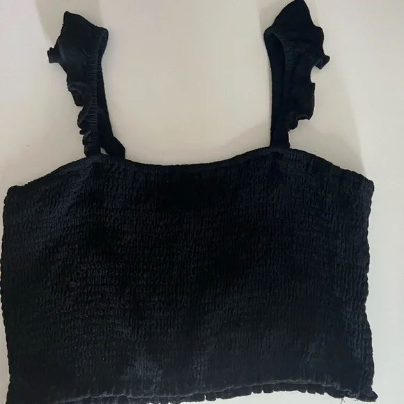 Anrabess Ladies Large Elegant Black Ruffle Strap Stretch Crop Top - Picture 3 of 10